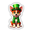 St. Patrick's Day Puppy: Cartoon dog illustration with a green hat and bow tie, available as unique stickers or digital artwork from Decal Venue.