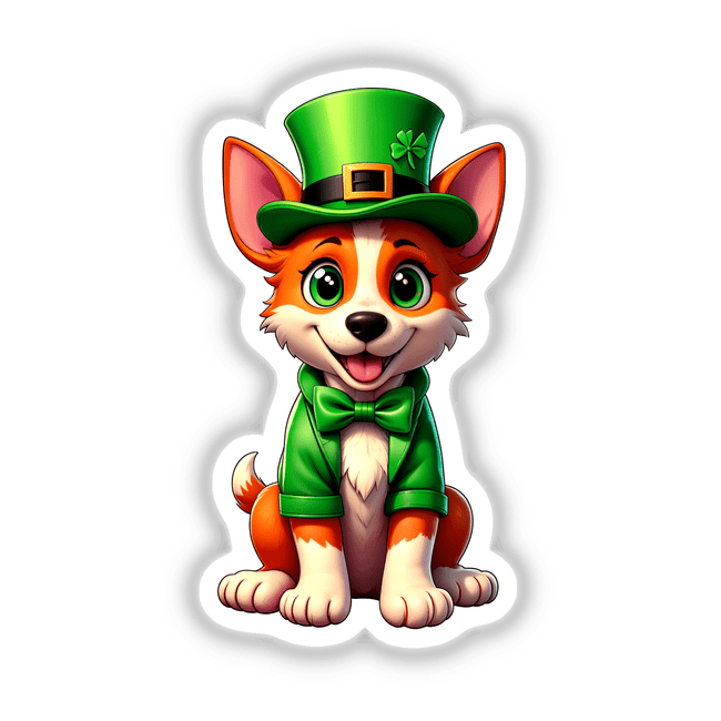 St. Patrick's Day Puppy: Cartoon dog illustration with a green hat and bow tie, available as unique stickers or digital artwork from Decal Venue.