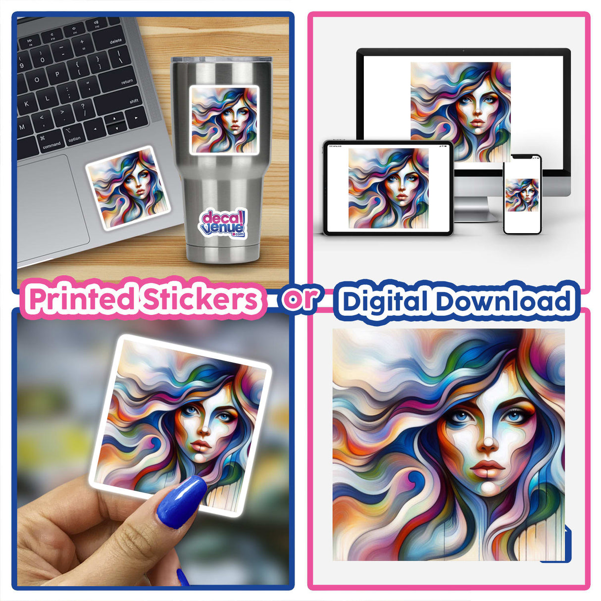 Collage of a woman's face with colorful hair, available as stickers or digital artwork from Decal Venue.