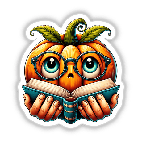 Cartoon of a pumpkin in reading glasses holding a book, available as stickers or digital artwork.