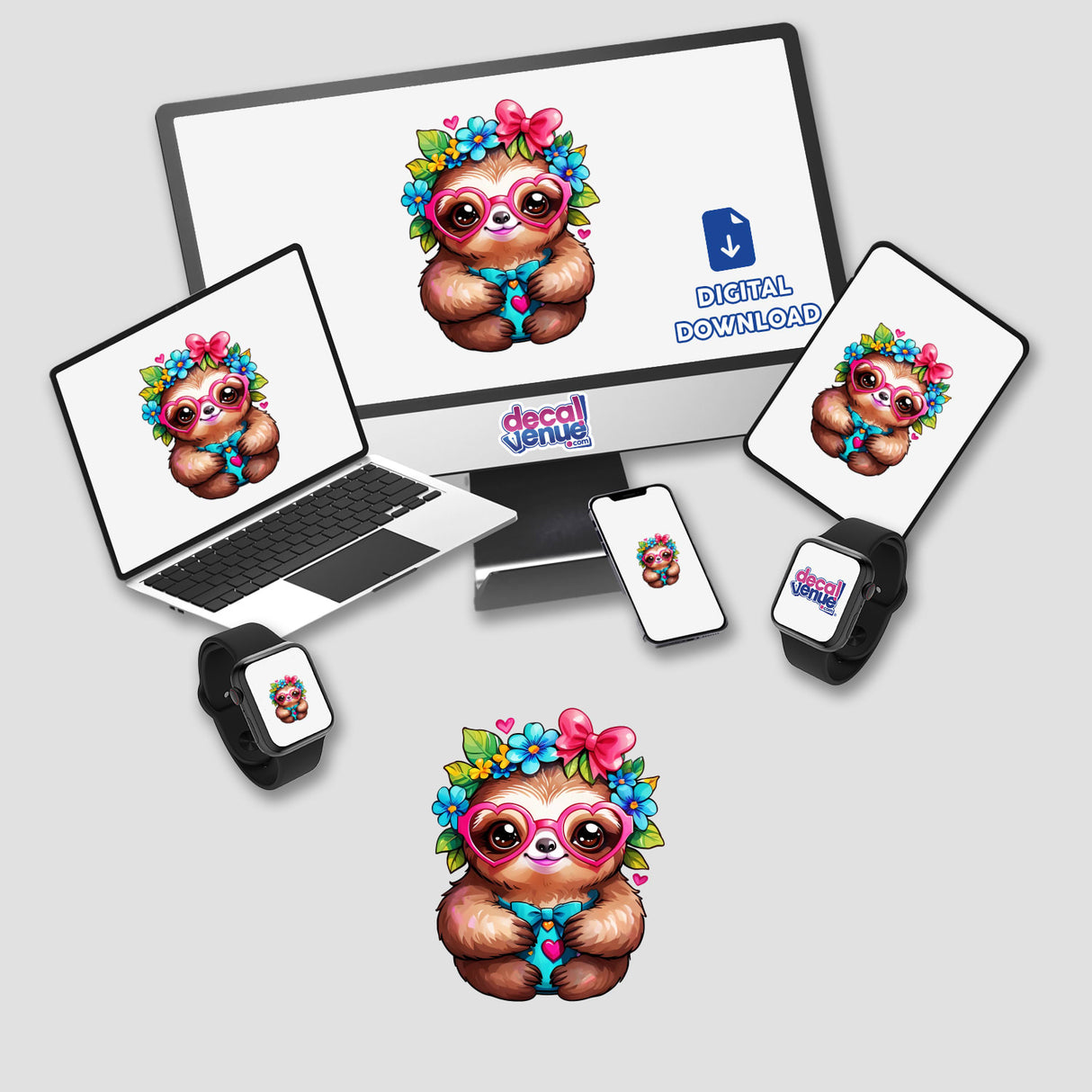 Cute sloth in heart-shaped glasses displayed on a computer monitor and laptop, with matching images on a tablet, smartphone, and smartwatch. Available as stickers or digital artwork.