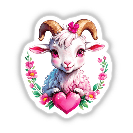 A cute Valentine's Day goat with a bow on its head, bright pink eyes, holding a sparkly heart; available as stickers or digital artwork.