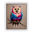 Owl of many colors perched on a branch, available as unique stickers or digital artwork from Decal Venue, highlighting intricate bird of prey features.