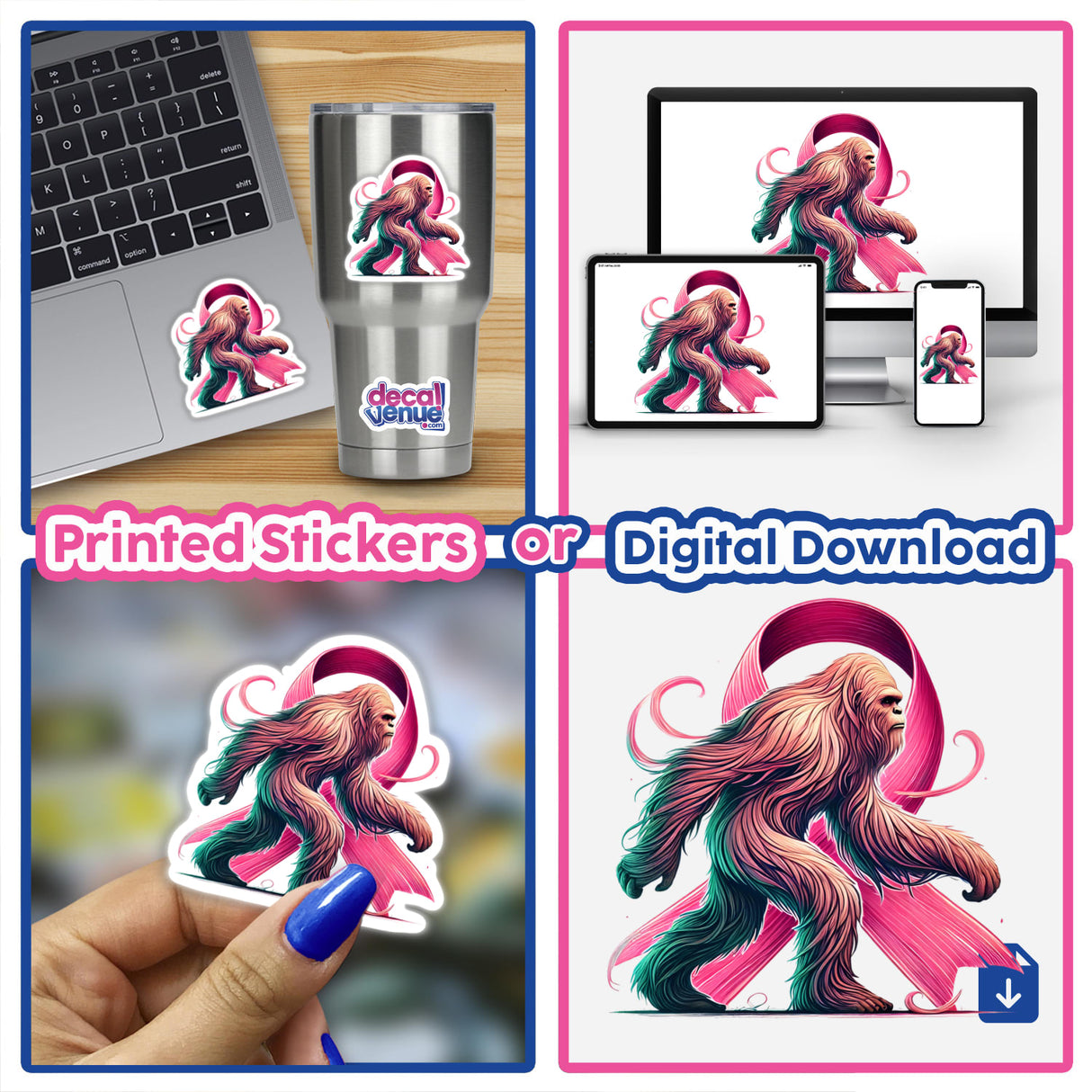 Collage featuring the Sasquatch Pink Ribbon Breast Cancer design from Decal Venue on a laptop, a cup, and a person's hand, highlighting playful stickers for creative projects and fundraising.