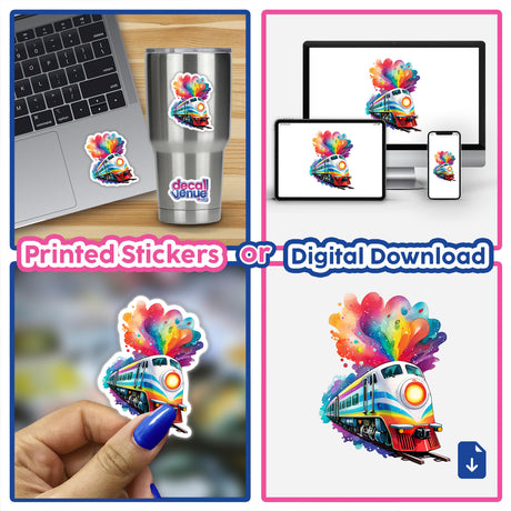 Galactic Train Sticker: collage of futuristic train images, including a colorful train on tracks, silver cup with train, and laptop with train sticker. Available as stickers or digital artwork.