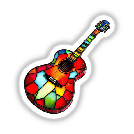 Guitar Stained Glass Style: A vibrant guitar design with a stained glass pattern, available as stickers or digital artwork, showcasing intricate details perfect for music and art enthusiasts.