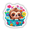 Cute Sloth in Vintage Bathtub: A cartoon sloth relaxes in a bathtub filled with flowers, available as stickers or digital artwork.