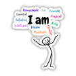 Stick figure with outstretched arms featuring I Am Inspirational Quotes, available as unique stickers or digital artwork, emphasizing motivational text in a playful, graphic design style.