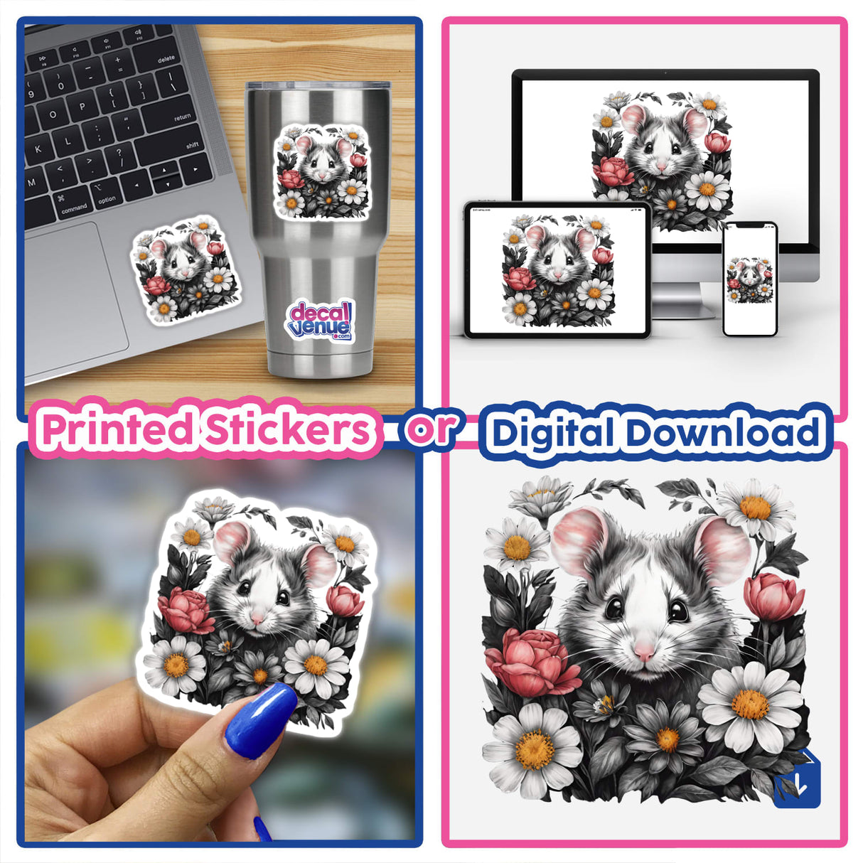 Adorable mouse surrounded by colorful floral accents in digital artwork for stickers or downloadable files, showcased on various electronic devices and product mockups.