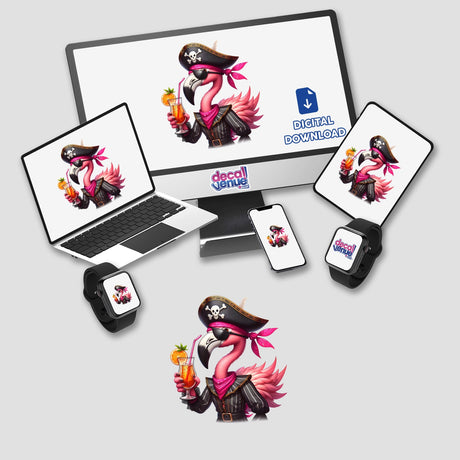 Flamingo pirate with tropical drink digital artwork available as stickers or digital download format from Decal Venue, an online store offering unique stickers and digital art.