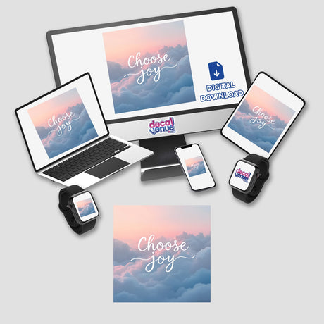 Choose Joy Minimalist Quote displayed on a laptop and smartwatch screens with cloudy backgrounds, available as stickers or digital artwork, highlighting modern digital aesthetics from Decal Venue.