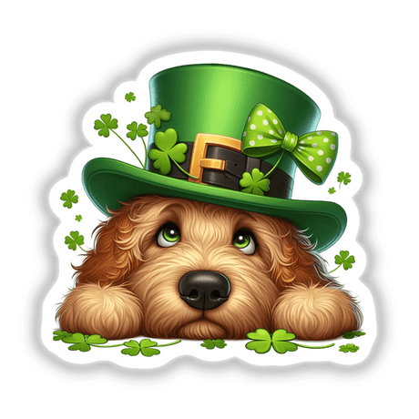 Leprechaun Peeking Goldendoodle Dog, a cartoon illustration featuring a dog in a green hat, available as stickers or digital artwork. Perfect for adding charm to any surface.