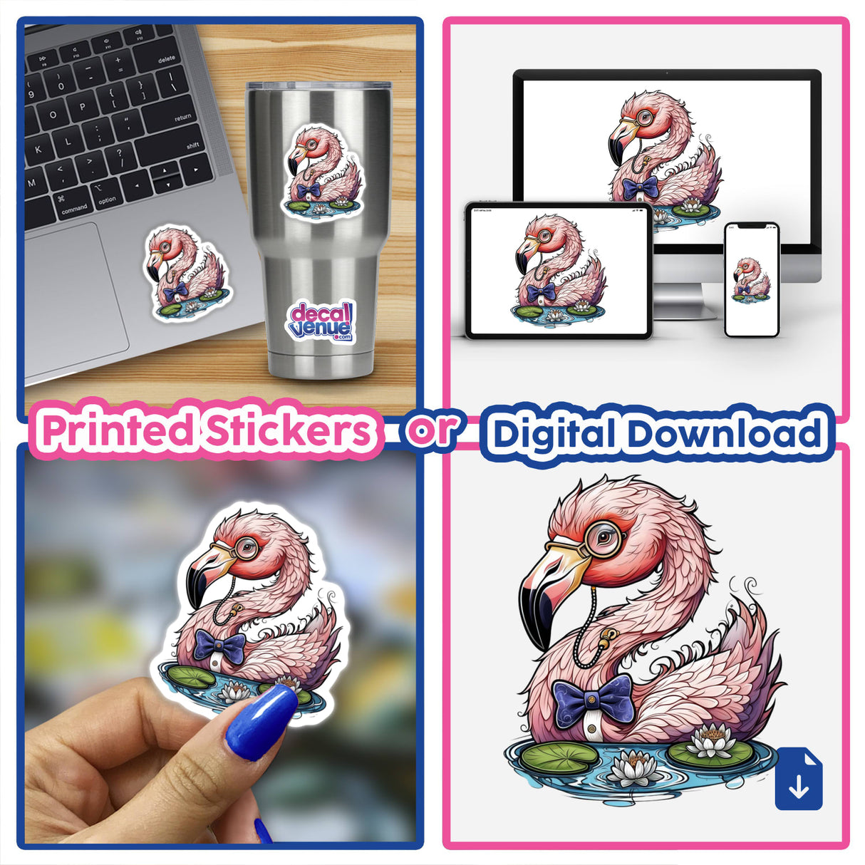 Elegant Flamingo sticker featuring a cartoon flamingo with a monocle, bow tie, and goggles, set against a whimsical water lily pond backdrop. Available as stickers or digital artwork.