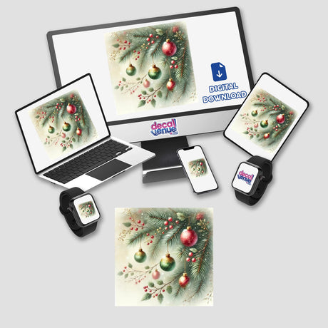 Winter Magic - Christmas Ornaments and Pine Boughs displayed on a computer monitor, laptop, and phone, showcasing unique stickers or digital artwork available at Decal Venue.