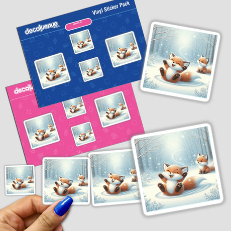 Sticker pack titled Two Foxes Playing, featuring charming cartoon foxes in snowy scenes, held in a hand. Available as stickers or digital artwork from Decal Venue.