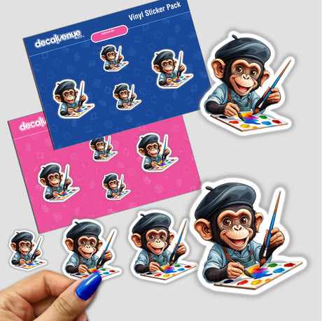 Artistic Chimpanzee Painting with Vibrant Palette sticker featuring a cartoon monkey holding paintbrushes and a palette, capturing a playful and creative expression. Available as stickers or digital artwork.