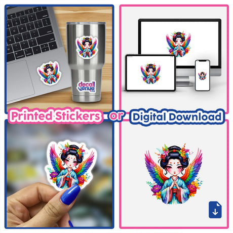 Sticker Design: Ethereal Angelic Geisha collage featuring a cartoon girl with colorful wings and flowers, shown as stickers on laptops, cups, and nails, available as digital artwork.