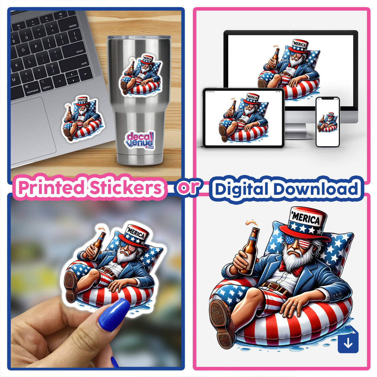 Uncle Sam American Flag Float Merica sticker featuring a cartoon of a man in a patriotic outfit sitting on a float. Available as stickers or digital artwork.