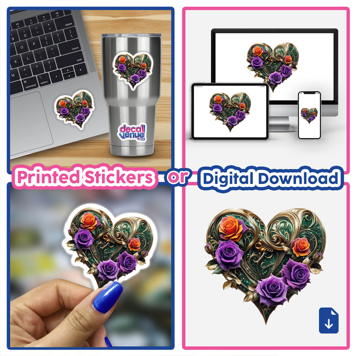 Gold Swirl Heart with Purple and Orange Roses sticker or digital artwork collage featuring heart motifs interwoven with flowers and leaves, showcased on various surfaces like laptops and nails.