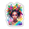 Tribal Pop Art Sticker - Dreads & Floral Futuristic Female Portrait: A woman with colorful hair adorned with vibrant flowers, showcasing unique and bold fashion. Available as stickers or digital artwork.