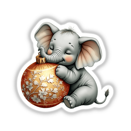 Cartoon of a baby elephant sleeping on a gold Christmas ornament, available as stickers or digital artwork from Decal Venue.