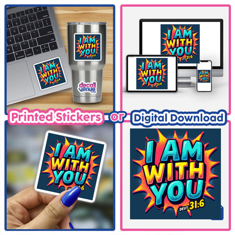 I Am with You Christian Sticker featuring Deuteronomy 31:6 Bible Verse, shown as a laptop sticker and digital artwork option, emphasizing its versatile use in Christian-themed décor or media.