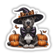 Sitting Pretty Halloween Pitbull Dog sticker, featuring a dog wearing a hat and bow tie, perfect for unique seasonal decor. Available as stickers or digital artwork from Decal Venue.