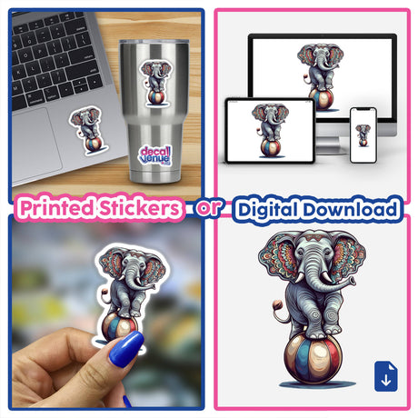 Ornate Circus Elephant Balancing on Ball with Vibrant Mandala Ears, depicted as a colorful sticker on a laptop, showcasing detailed digital artwork available from Decal Venue.