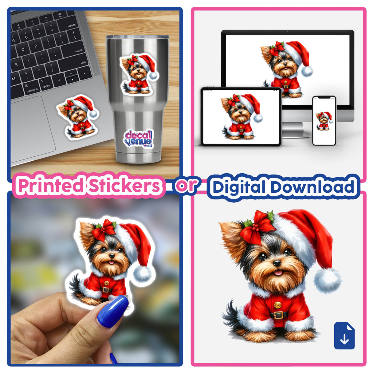 Christmas Yorkie in Santa Outfit II sticker collage featuring a Yorkie wearing a Santa outfit, displayed on a laptop and close-up of the sticker on a fingertip, highlighting Decal Venue's unique offerings.