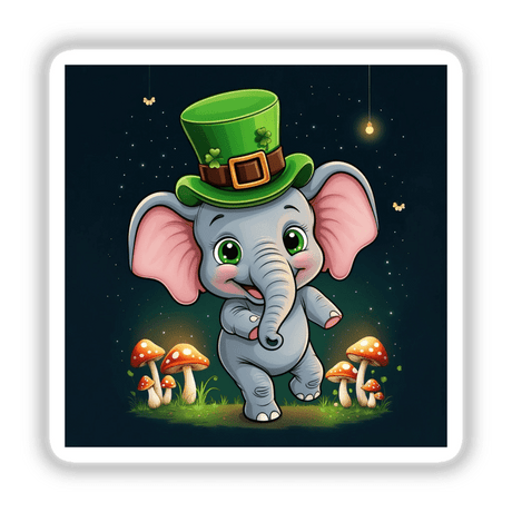 an elephant wearing a green hat and standing in front of mushrooms