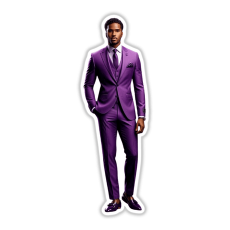 Handsome Male Model in a stylish purple suit, available as a sticker or digital artwork from Decal Venue, showcasing unique fashion-inspired designs.