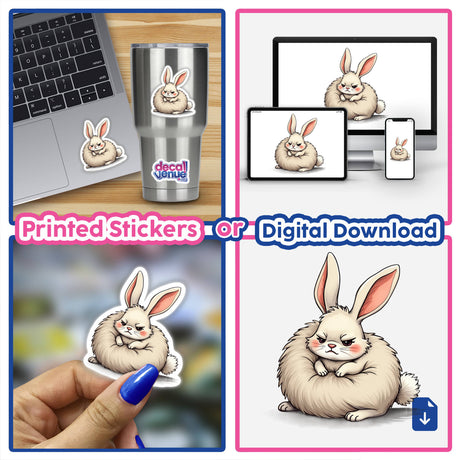 Grumpy Fluffy Bunny with Rosy Cheeks collage featuring cartoon bunny stickers and digital artwork, including images of a bunny on a laptop and close-ups of detailed bunny designs.