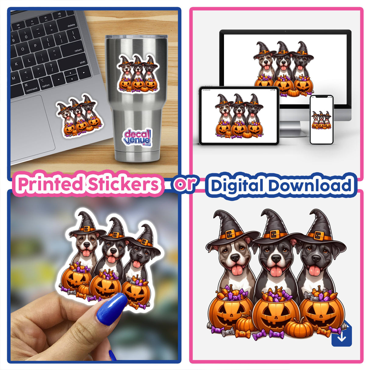 Halloween Trick or Treat Trio Pitbull Dogs II features a collage of cartoon pitbulls wearing hats and holding pumpkins, available as unique stickers or digital artwork from Decal Venue.