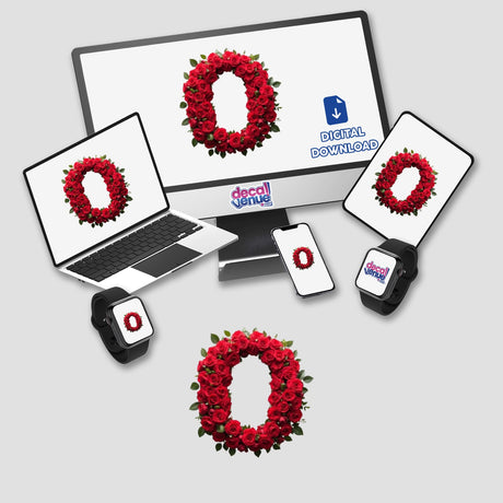 Elegant Floral Letter O Clipart - Downloadable Sticker with roses forming the shape of the letter O, displayed on a computer monitor and laptop screen. Available as stickers or digital artwork.