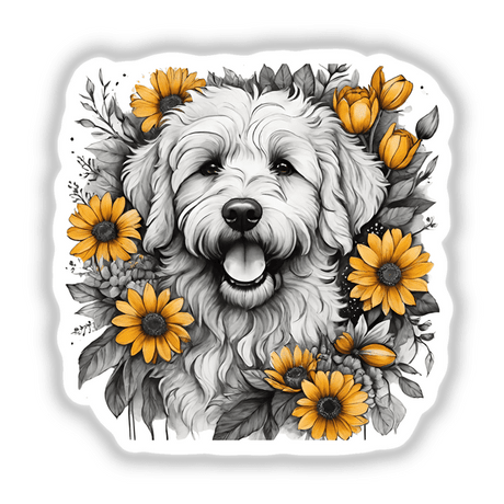 Smiling Goldendoodle Surrounded by Vibrant Sunflowers and Foliage