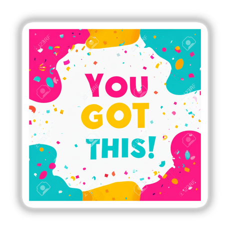 You Got This! Motivational Planner Sticker features vibrant text and playful circles, perfect for planners or digital use. Available with commercial rights, this design adds a cheerful touch to any project.