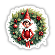 Cheerful Elf in a Christmas Wreath: A cartoon elf sits joyfully within a holly wreath, perfect as festive stickers or digital artwork.