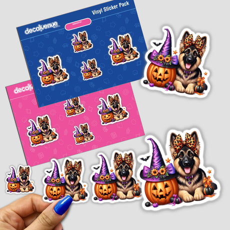 Cute Halloween German Shepherd and Witch Pumpkin stickers featuring adorable German Shepherd puppies dressed up in Halloween costumes and surrounded by pumpkins, bats, and autumn leaves.