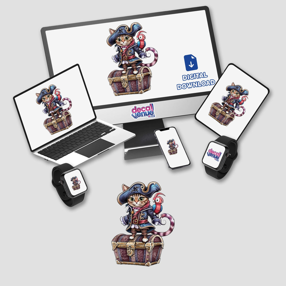 Pirate Cat with Treasure Chest and Parrot Companion displayed on computer, laptop, and smartwatch screens; available as stickers or digital artwork from Decal Venue.