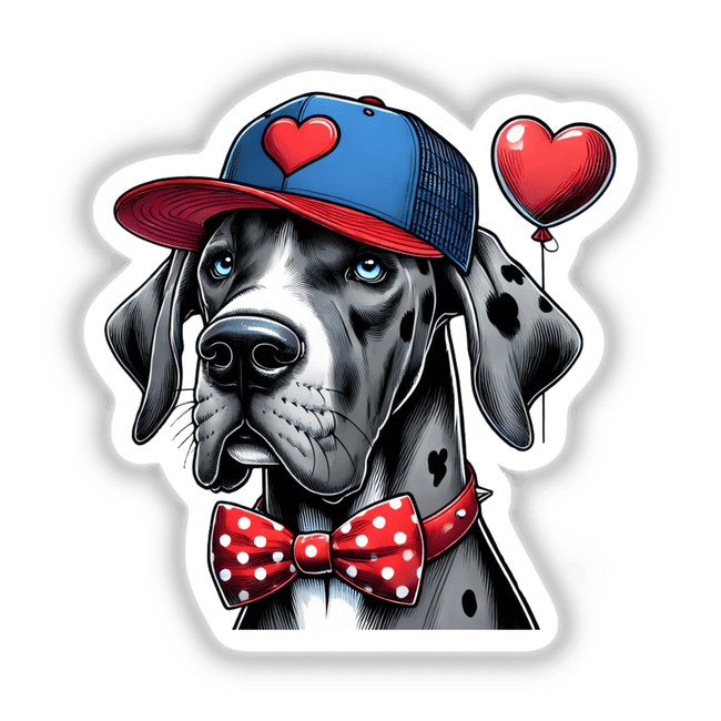 Great Dane Dog with Heart Hat: Illustration of a cartoon Great Dane wearing a heart-adorned hat and bow tie, available as unique vinyl stickers or digital artwork from Decal Venue.