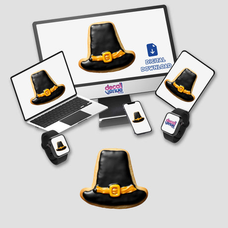 Pilgrim Hat Shaped Cookie with Black Icing and Gold Buckle displayed on a laptop screen, available as stickers or digital artwork.