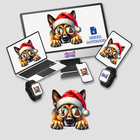 Resting Christmas Santa German Shepherd Dog displayed on a computer monitor and laptop, featuring a cartoon dog in a Santa hat and sunglasses, available as stickers or digital artwork.