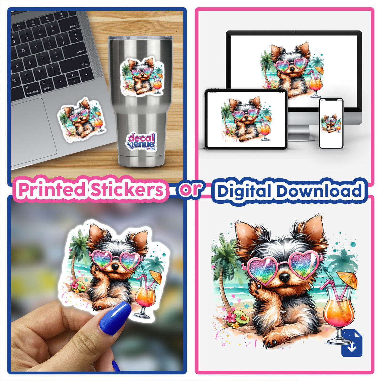 Cute Yorkshire Terrier dog with sunglasses on a tropical beach, displayed on various products including a laptop, mobile devices, and a sticker. The product images showcase the digital artwork design featuring the playful, stylized Yorkie character.