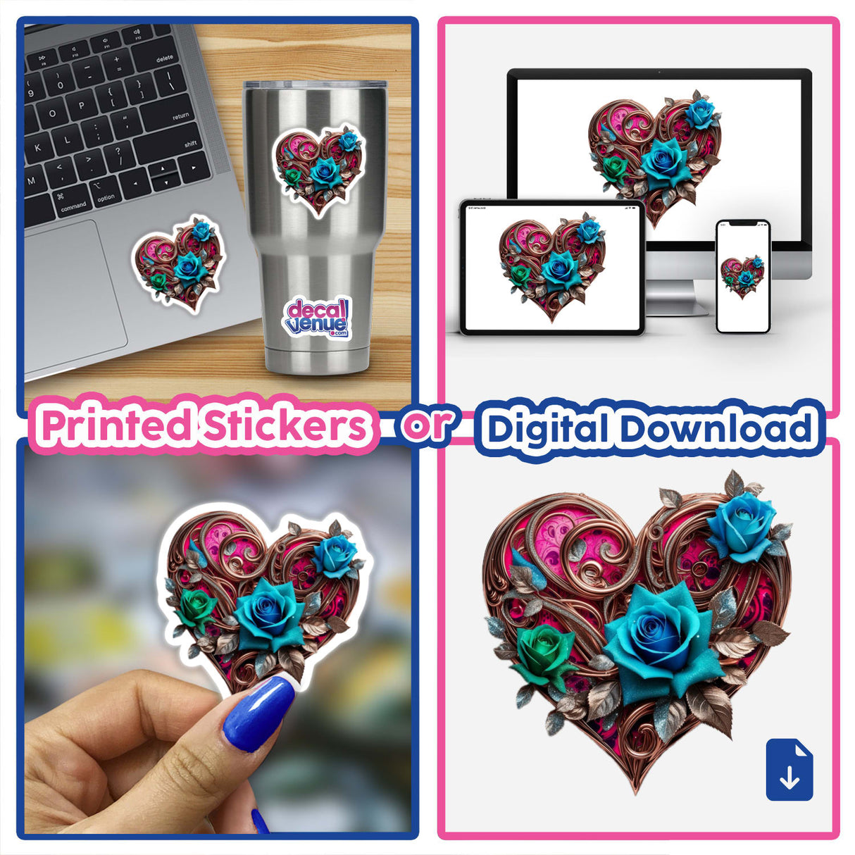 Heart-shaped ornament with copper swirls, vibrant blue and green roses, and glitter accents, available as stickers or digital artwork, featured in a collage highlighting its intricate floral design.