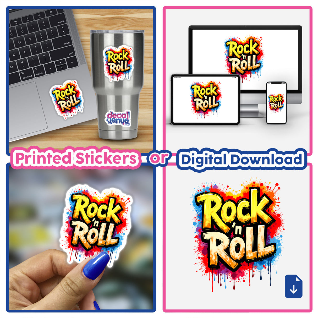 Rock 'n Roll Graffiti Art collage featuring a dynamic logo ideal for stickers or digital artwork, highlighting elements like a laptop with a sticker and close-ups of hand-painted details.