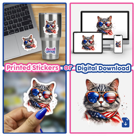 Patriotic cat wearing American flag sunglasses on digital artwork, printed stickers, and personalized merchandise shown in collage image