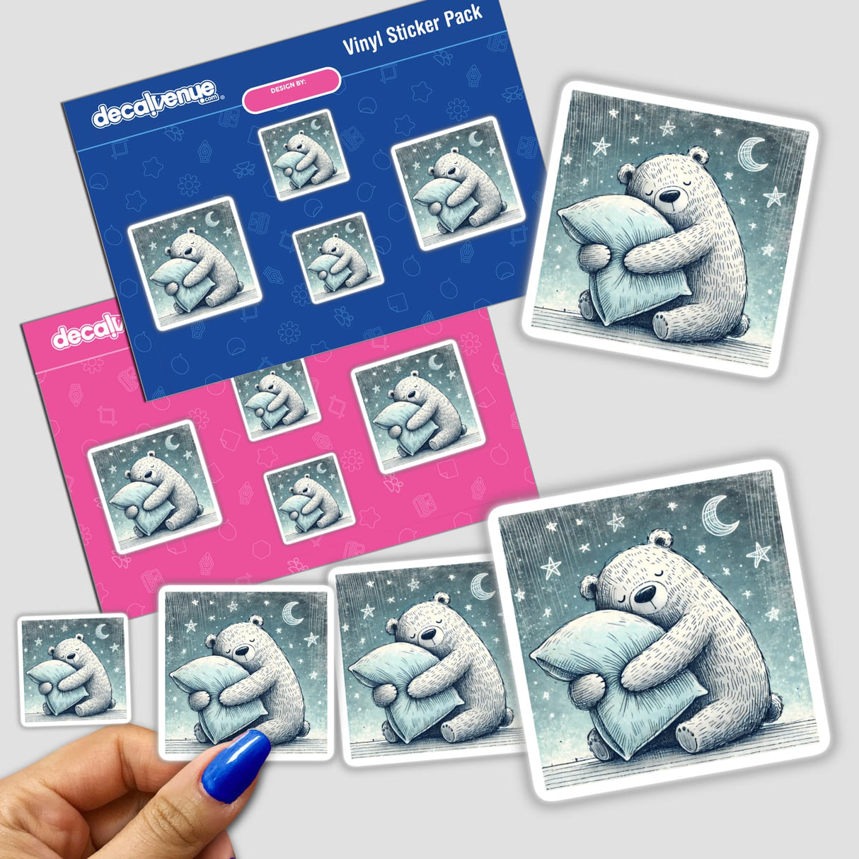 Sleepy Bear Hugging a Pillow Under the Star sticker pack featuring adorable cartoon bears snuggling pillows in various cute poses.