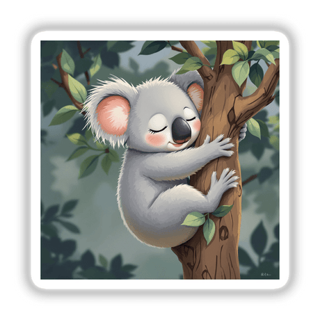 Adorable Sleeping Koala Hugging a Tree depicted in a charming cartoon style. Available as stickers or digital artwork, perfectly capturing the essence of 'Decal Venue's' unique vinyl and digital art offerings.