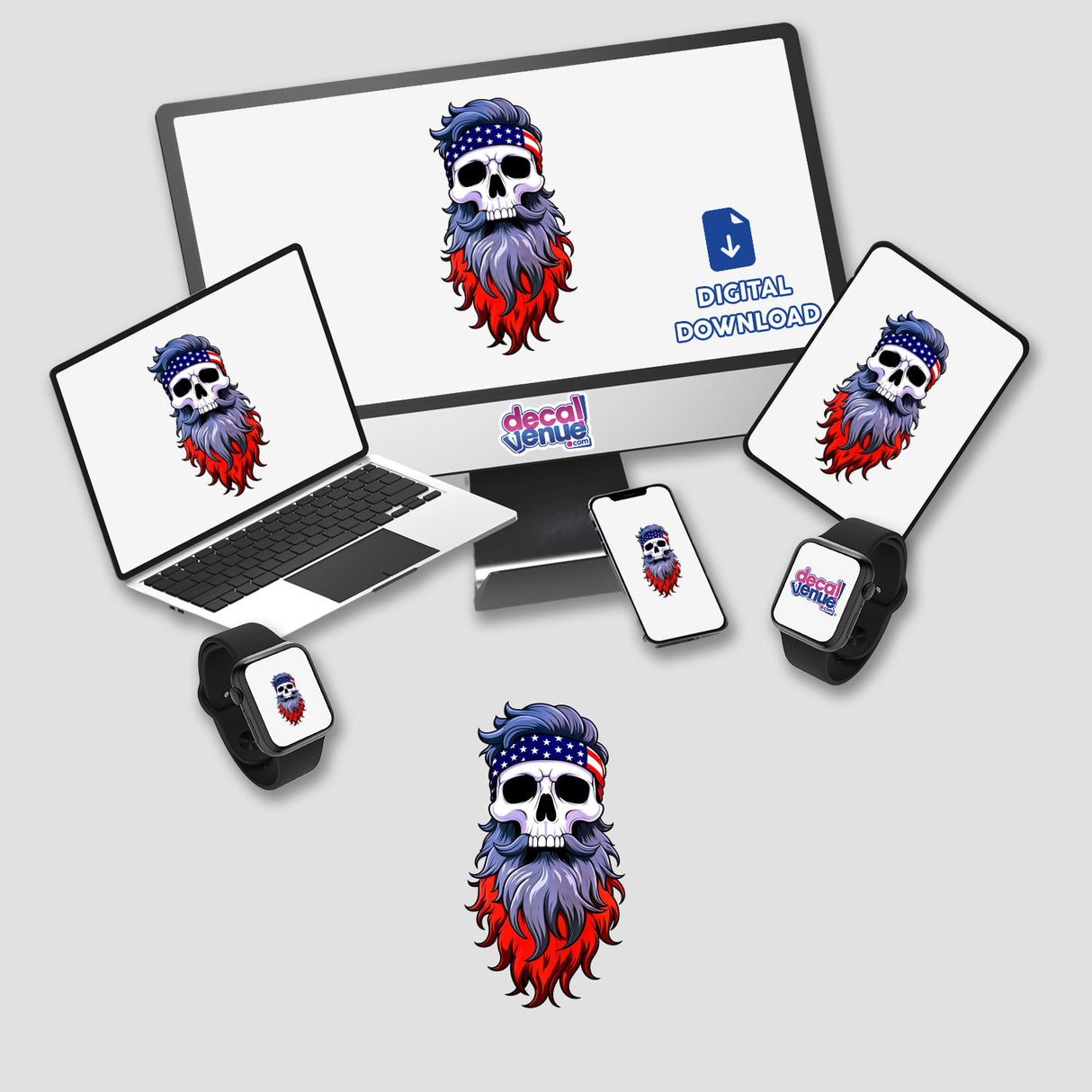 A Cool Skull With An American Flag Bandana displayed on various devices, showcasing unique sticker and digital art designs, including a bearded skull on a computer monitor and laptop.