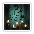 Musical Notes on Candlelight | Dark Academia Sticker: A group of candles emits musical notes, capturing the essence of music and light, available as unique stickers from Decal Venue.